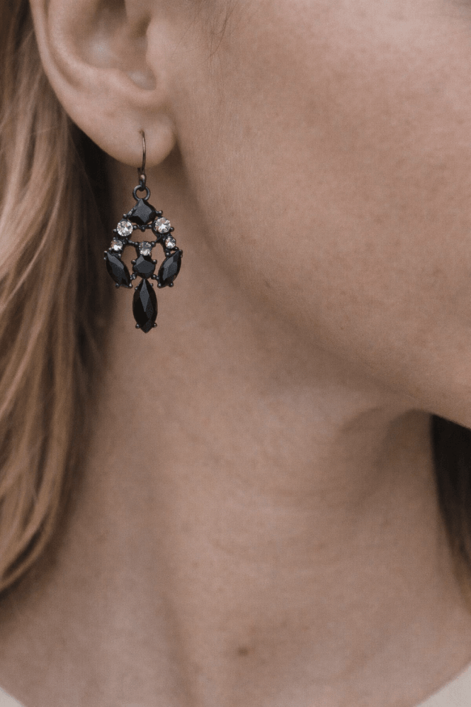 Majique London Jet & Diamante Crystal Chandelier Fish Hook Earrings