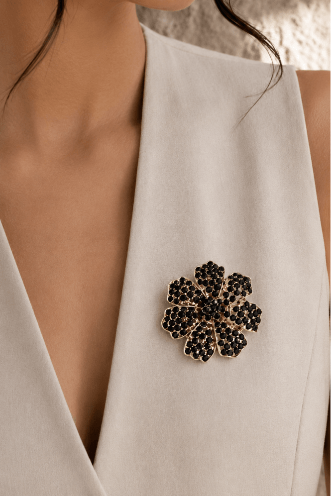 Majique London Jet Stone Blossom Brooch
