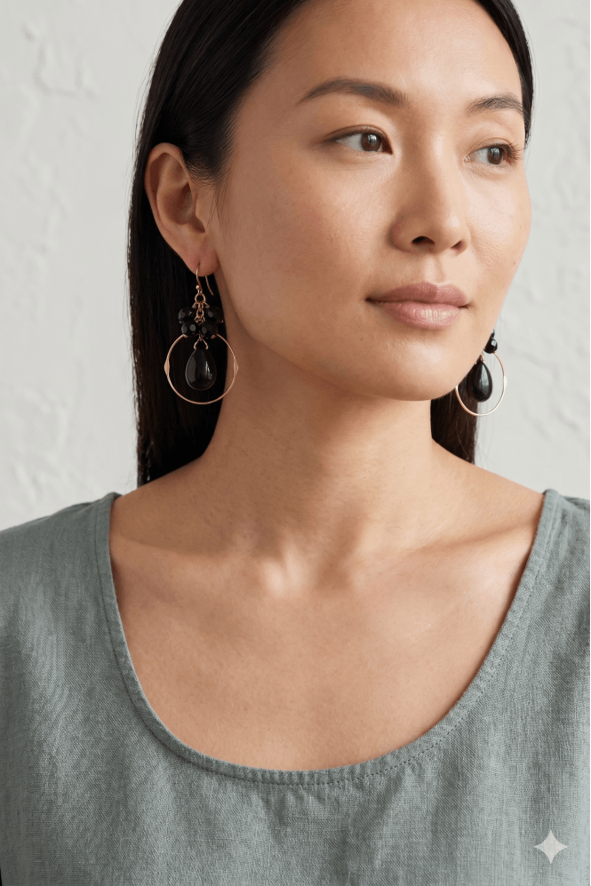Majique London Jet Stone Gold Fish Hook Hoop Earrings