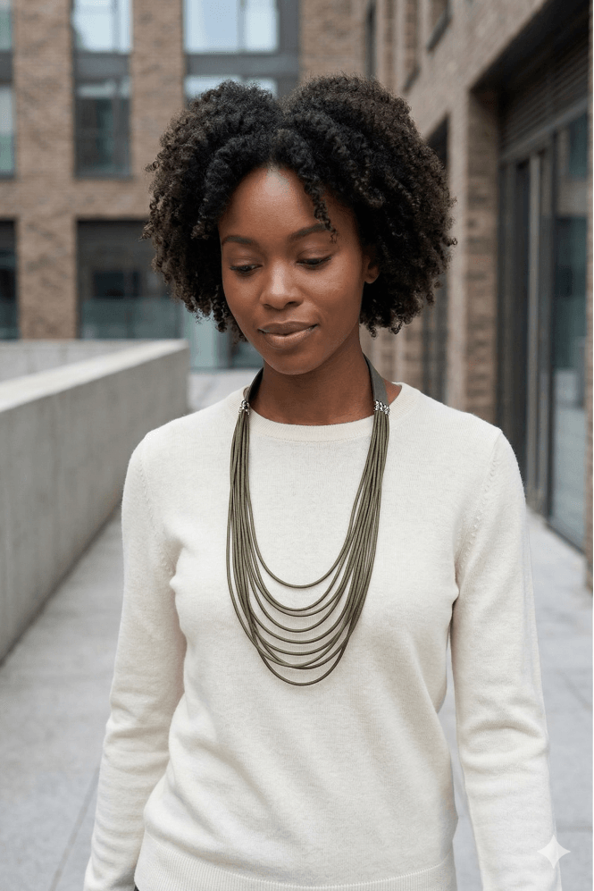 Majique London Khaki Green Layered Cord Long Necklace