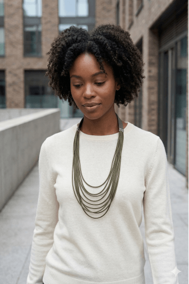 Khaki Green Layered Cord Long Necklace