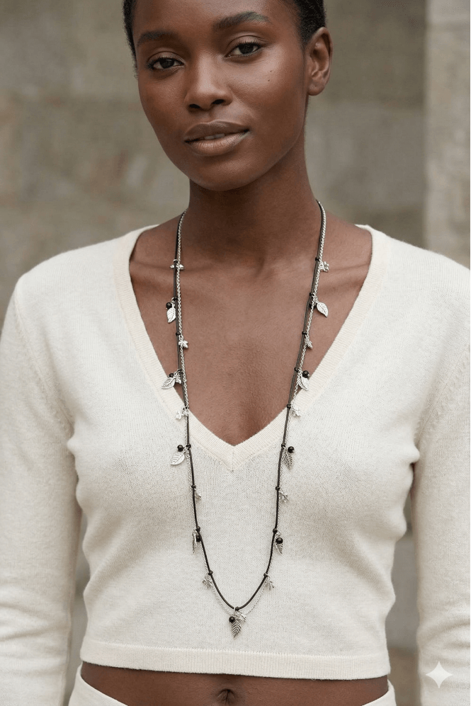 Majique London Leafy Vibes Black Cord Necklace