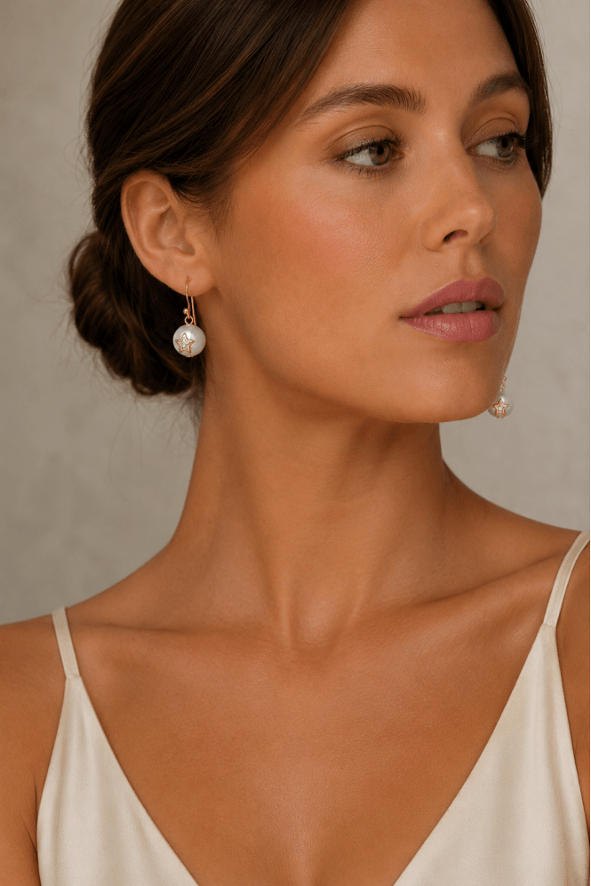 Majique London Lustrous Starlight Pearl Dangle Earrings With Fish Hook Design