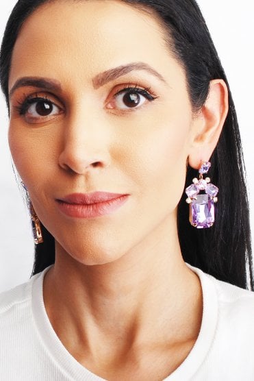 Luxe Amethyst Fusion Gold Plated Earring With Lilac Glass Rectangle Drop