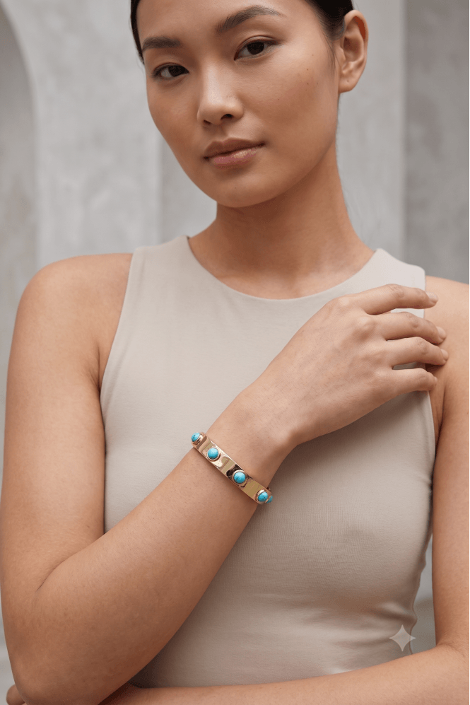 Majique London Luxe Aura Stretch 14K Gold Bracelet With Turquoise Semi Precious Stones