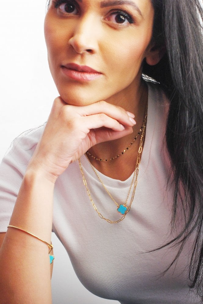 Majique London Luxe Cascade 14K Gold Graduated Three Row Necklace With Turquoise Clover