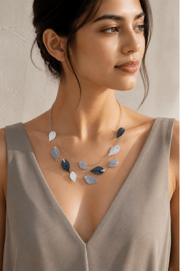 Luxe Fusion Radiance Silver Layered Wire Cable Necklace With Grey Colour Enamel Leaf