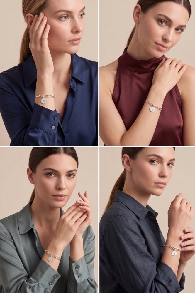 Majique London Luxe Identity Link Shiny Silver Bracelet Featuring Initial Disc