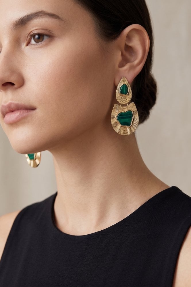 Majique London Luxe Radiance Fusion Gold Textured Post Earring With Emerald Stone