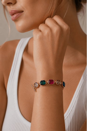 Luxe Spectrum Gold T Bar Bracelet with Vivid Glass Gems