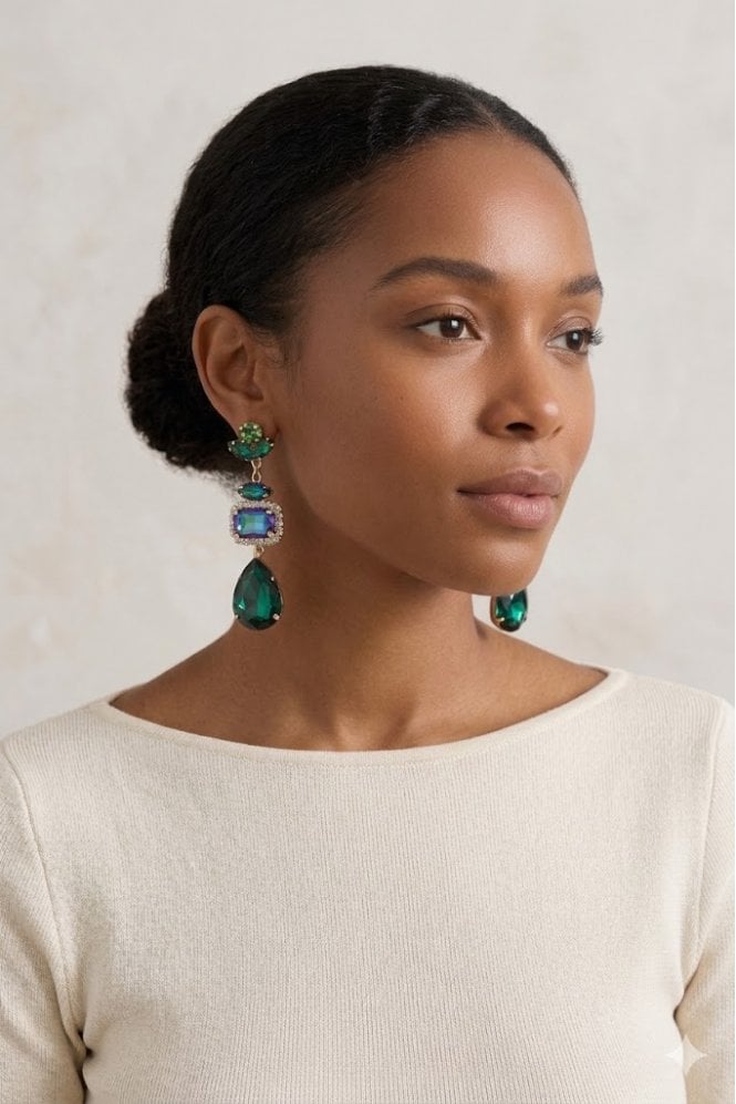 Majique London Luxe Verdant Radiance Fusion Gold Plated Earring With Green Glass Stone Drop