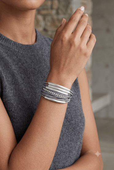 Magnetic Multi Row Leather Bracelet With Tube Accents