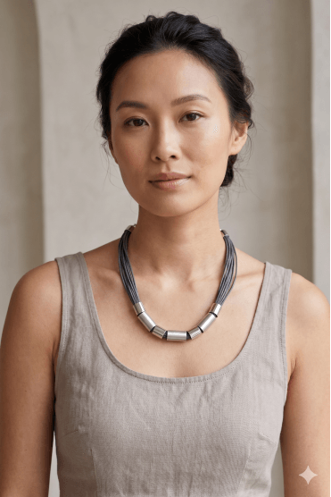 Multi Cord Rhodium Pipe Necklace