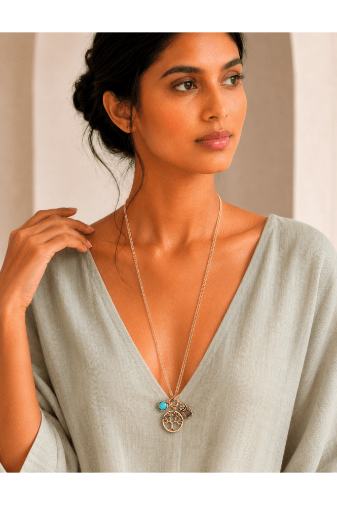 Majique London Owl Tree Charm T Bar Necklace
