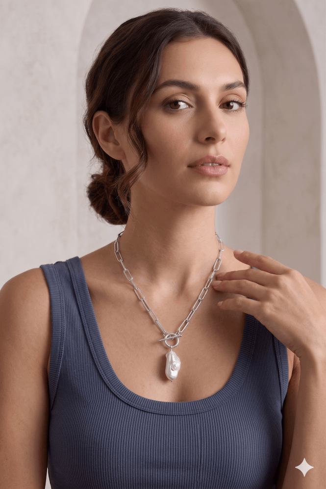 Majique London Pearl Essence Link Chain Necklace With Freshwater Pearl Drop