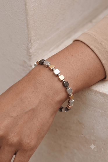 Quad Tone Square Bead Spacer Stretch Bracelet with Matte Metal Finish