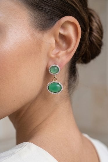 Radiant Oval Drop Gold Studs with Epoxy & Crystal