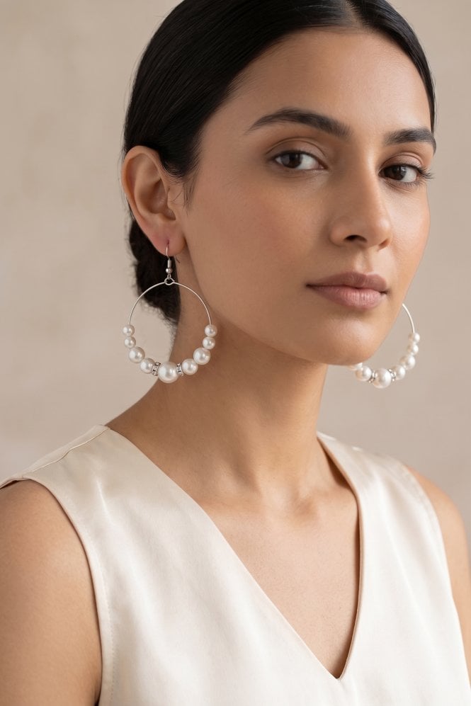 Majique London Radiant Pearl Cascade Rhodium Fusion Hoop Earring With Crystals