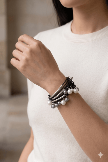 Rhodium Bar Cord Bracelet with Pearls