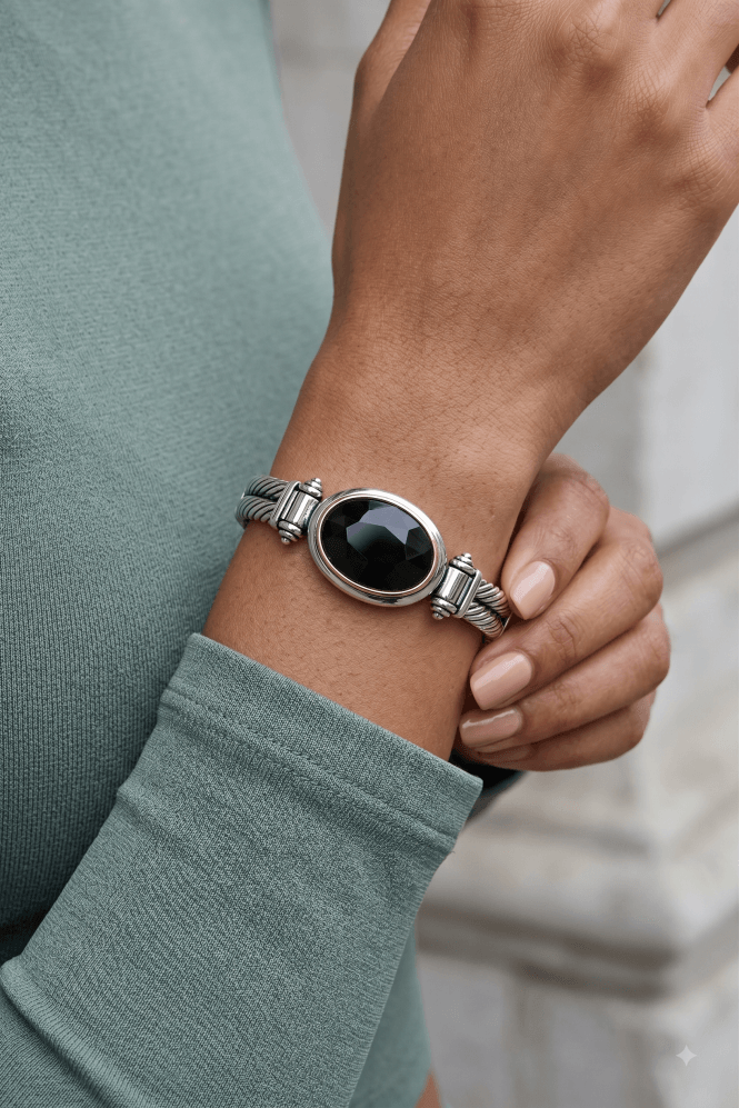 Majique London Rhodium Jet Oval Hinged Bangle