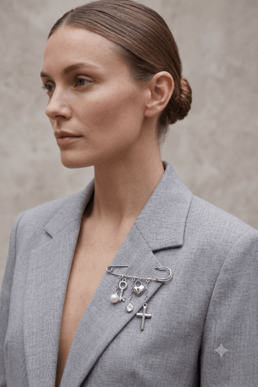 Rhodium Luxe Safety Pin Brooch with Dangling Charms