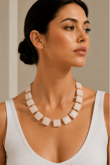 Rhodium Pink Square Stone Necklace
