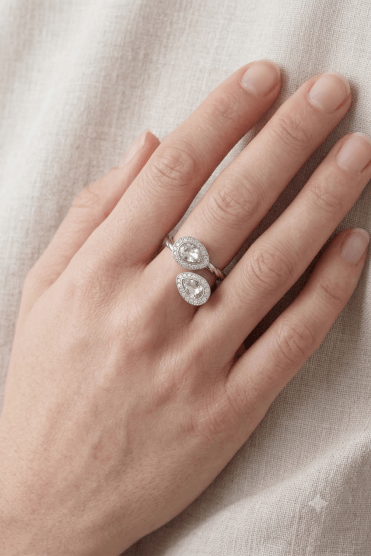 Rhodium Rope Wire Ring with Teardrop Crystal Accent
