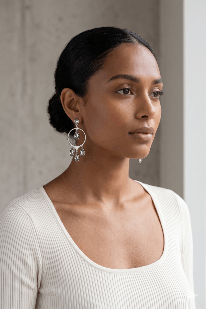 Majique London Rhodium Tear Drop Chandelier Earrings