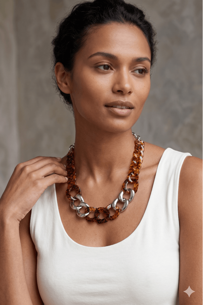 Majique London Rhodium Tortoise Shell Statement Necklace