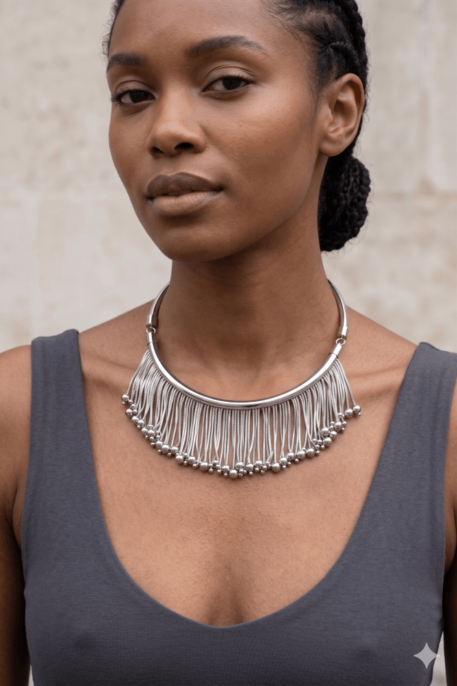 Majique London Rhodium Tube Fringe Choker