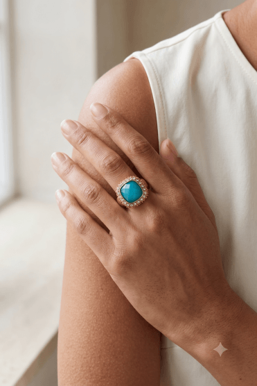Rustic Square Turquoise & Crystal Stretch Ring