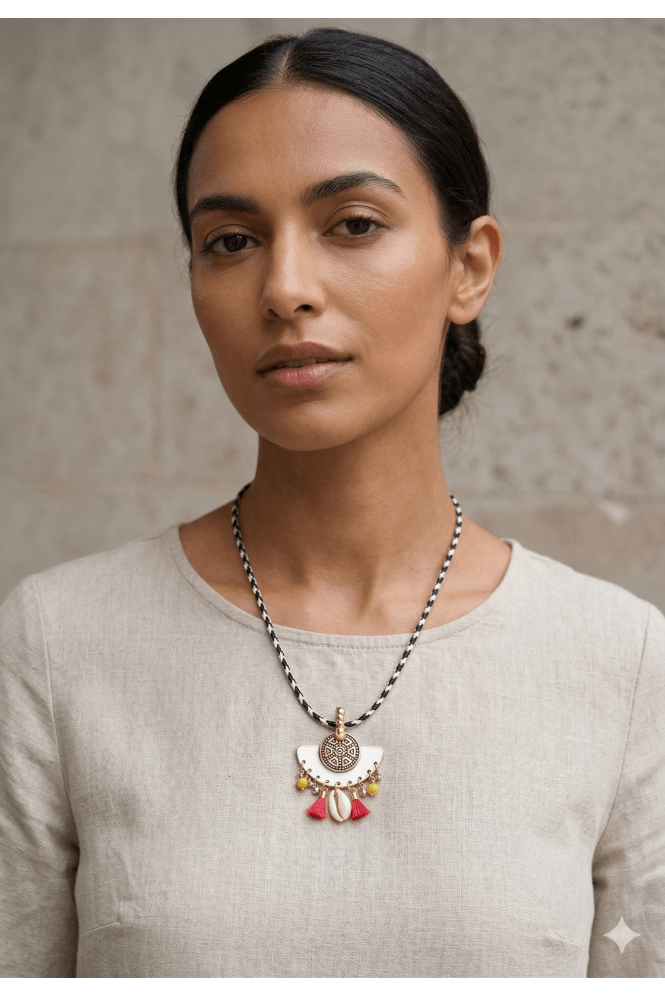 Majique London Semi Circle Pendant Necklace With Shell And Tassel