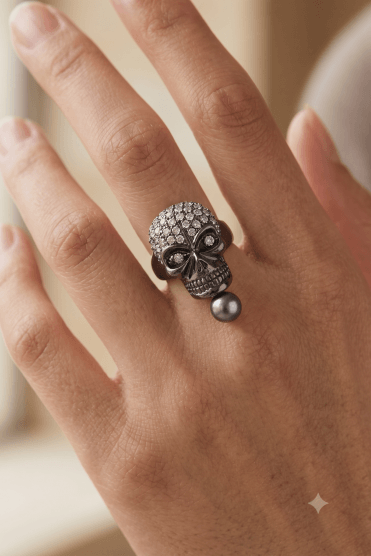 Shadowed Elegance Rhodium Skull Ring with Dark Pearl & Crystals