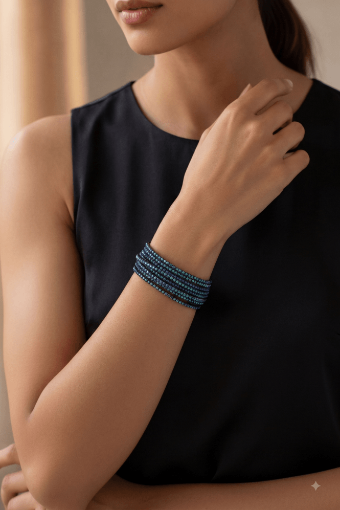 Majique London Shimmering Hematite and Blue AB Crystal Stretch Bracelet
