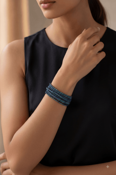 Shimmering Hematite and Blue AB Crystal Stretch Bracelet