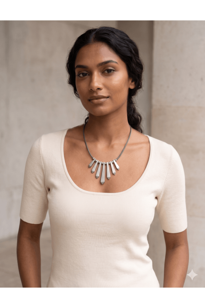 Majique London Silver Arrow Drop and Beads Grey Cord Necklace