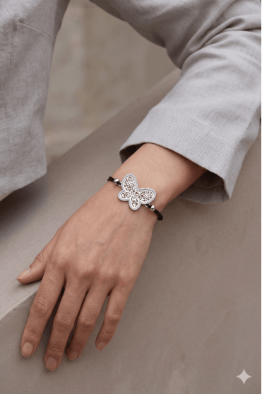 Silver Butterfly Filigree Cord Bracelet