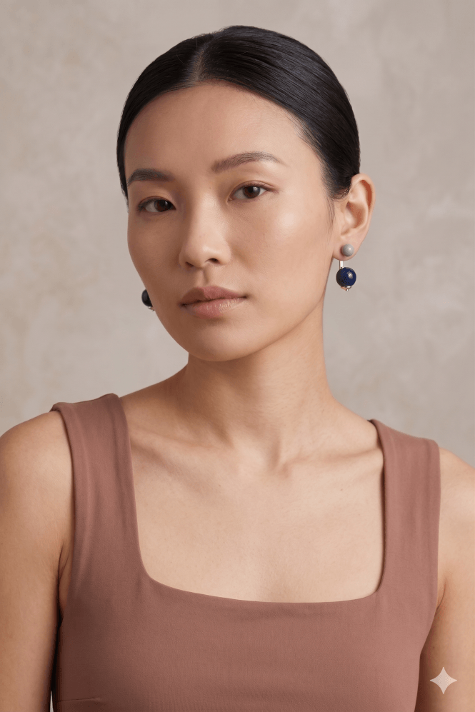 Majique London Silver Duo Stud Earring with Grey and Blue Bead