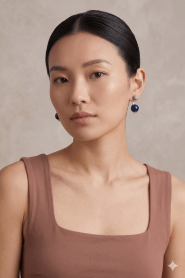 Silver Duo Stud Earring with Grey and Blue Bead