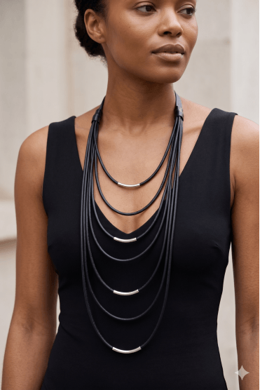 Sleek Black Long Necklace with Rhodium Accents
