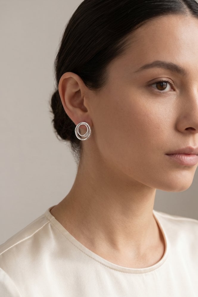 Majique London Sleek Eclipse Matte Silver Statement Stud Earring