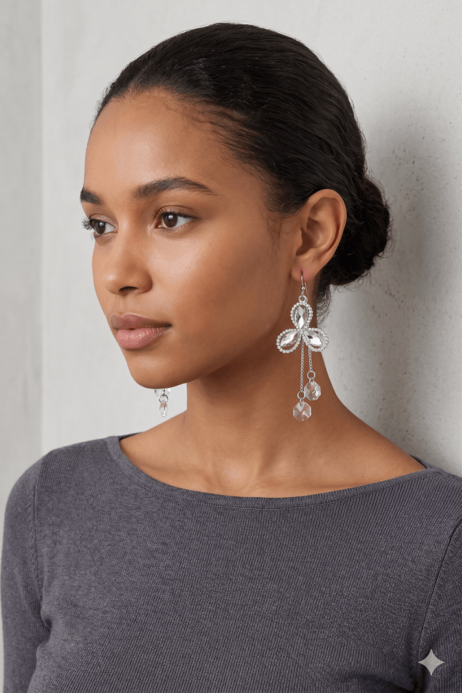 Majique London Sleek Rhodium Fusion Crystal Bloom Fishhook Earring With Tassel Accent