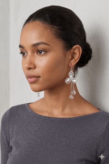 Sleek Rhodium Fusion Crystal Bloom Fishhook Earring With Tassel Accent