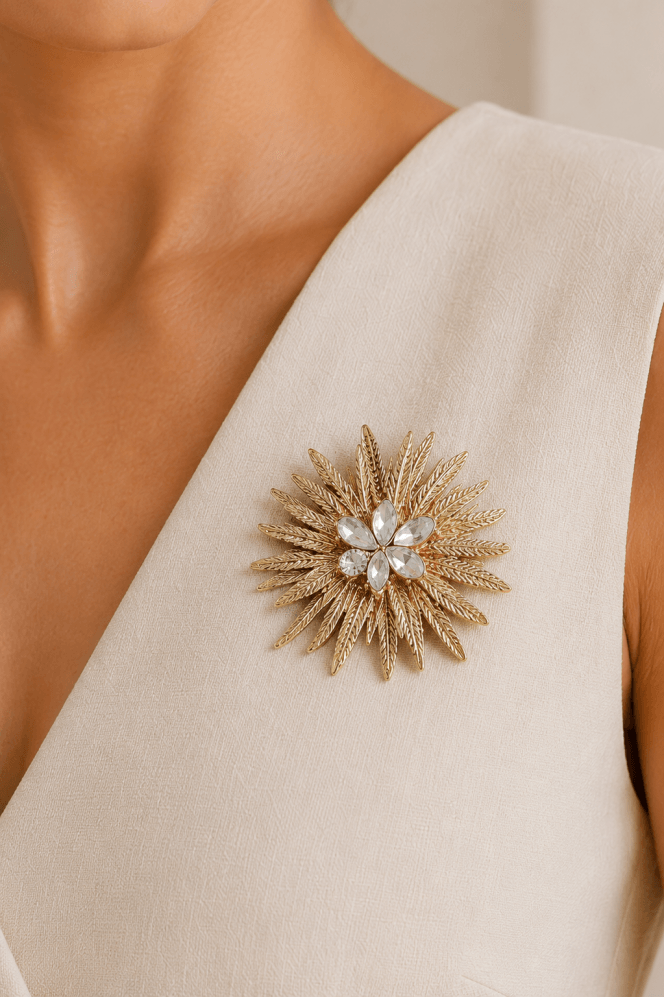 Majique London Solar Flare Radiance Brooch with Glistening Crystal Center