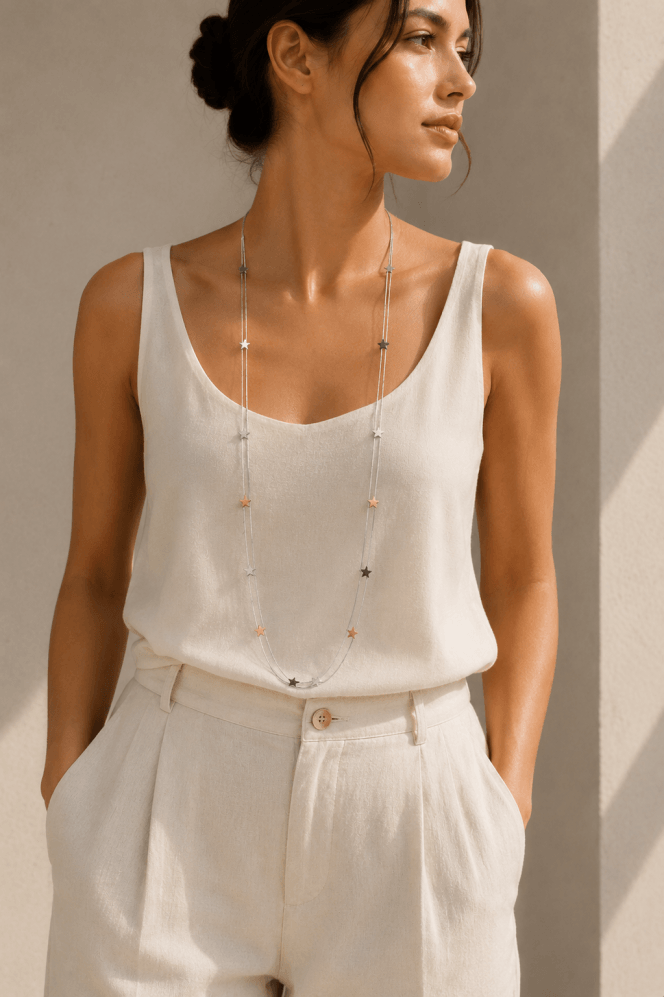 Majique London Stellar Shine Matt Rhodium Necklace With Tritone Stars