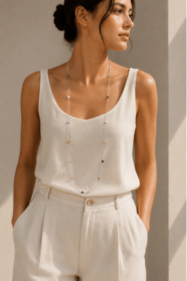 Stellar Shine Matt Rhodium Necklace With Tritone Stars