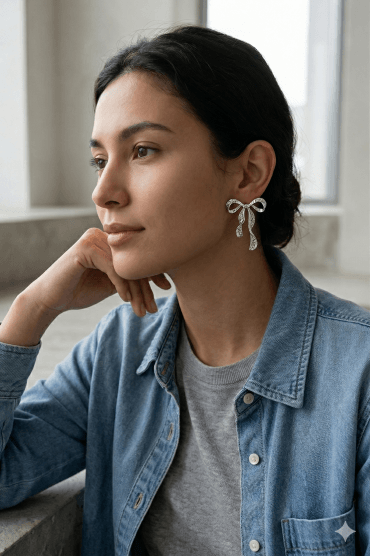 Stylish Elongated Bow Design with Intricate Textured Accents Earring