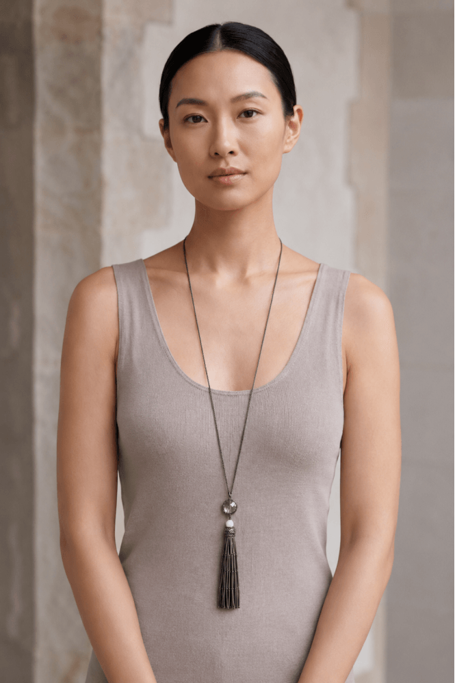 Majique London Stylish Hematite Seed Bead Tassel Necklace