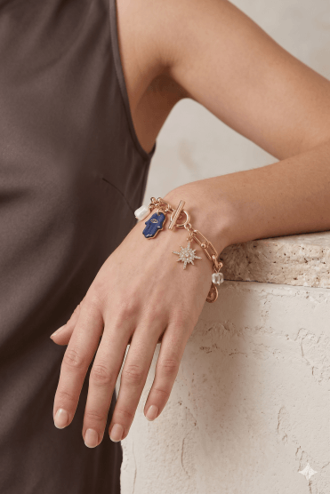 T Bar Paper Clip Chain With Blue Hand Of Fatima Eye And Multi Charm Drop Bracelet