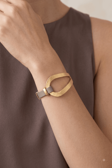 Taupe Leather Bracelet With Matte Gold Accents